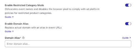 Upstack Category Mode tab: Enable Restricted Category Mode and Enable Domain Alias turned on, and the Domain Alias field