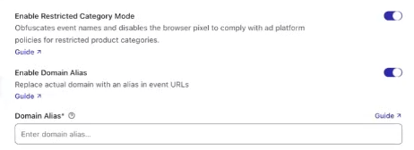 Upstack Category Mode tab: Enable Restricted Category Mode and Enable Domain Alias turned on, and the Domain Alias field