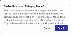 Upstack Enable Restricted Category Mode? dialog with the Cancel and Enable buttons
