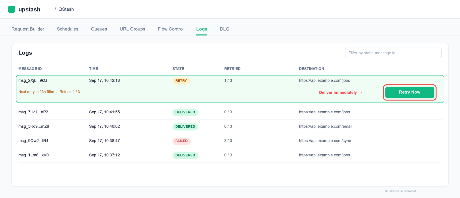 Retry a message now from the Logs tab in the Upstash Console