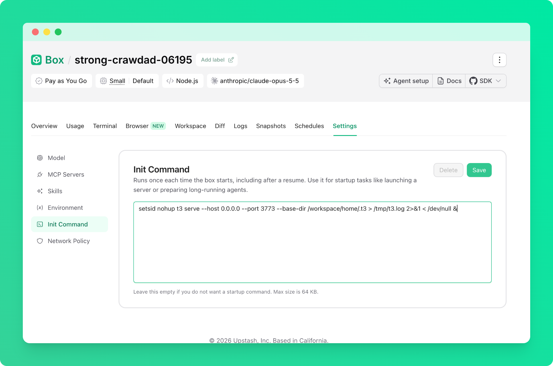 T3 Code init command in the Upstash Console