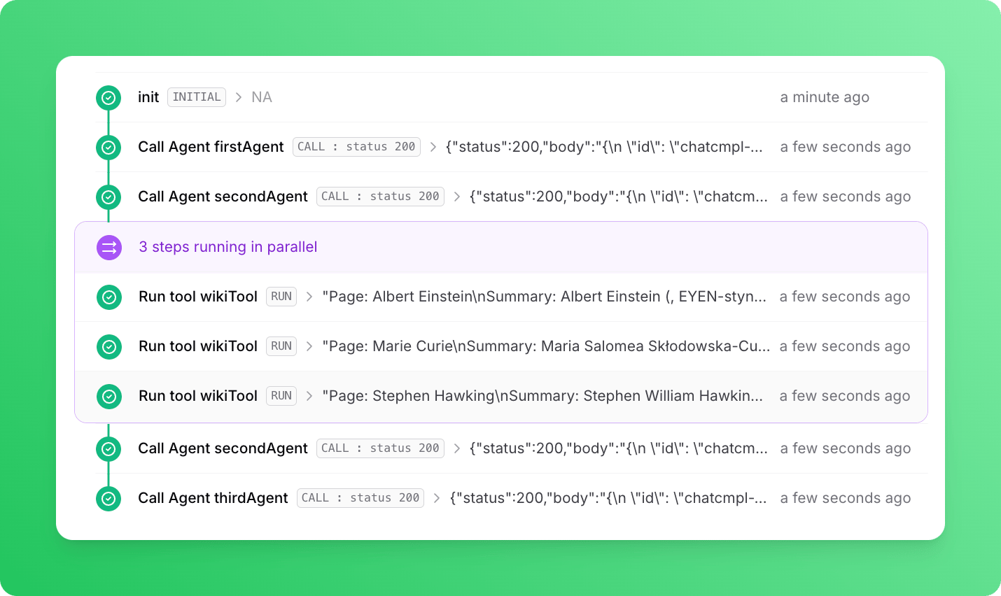 Prompt chaining workflow logs
