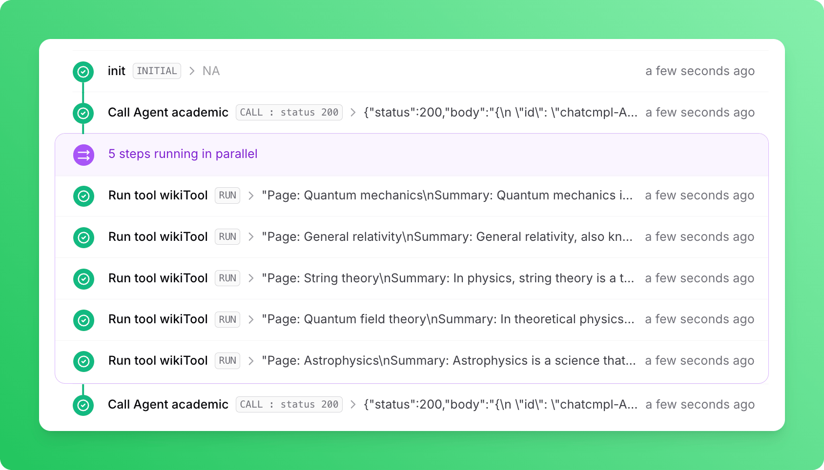 Single-agent workflow logs