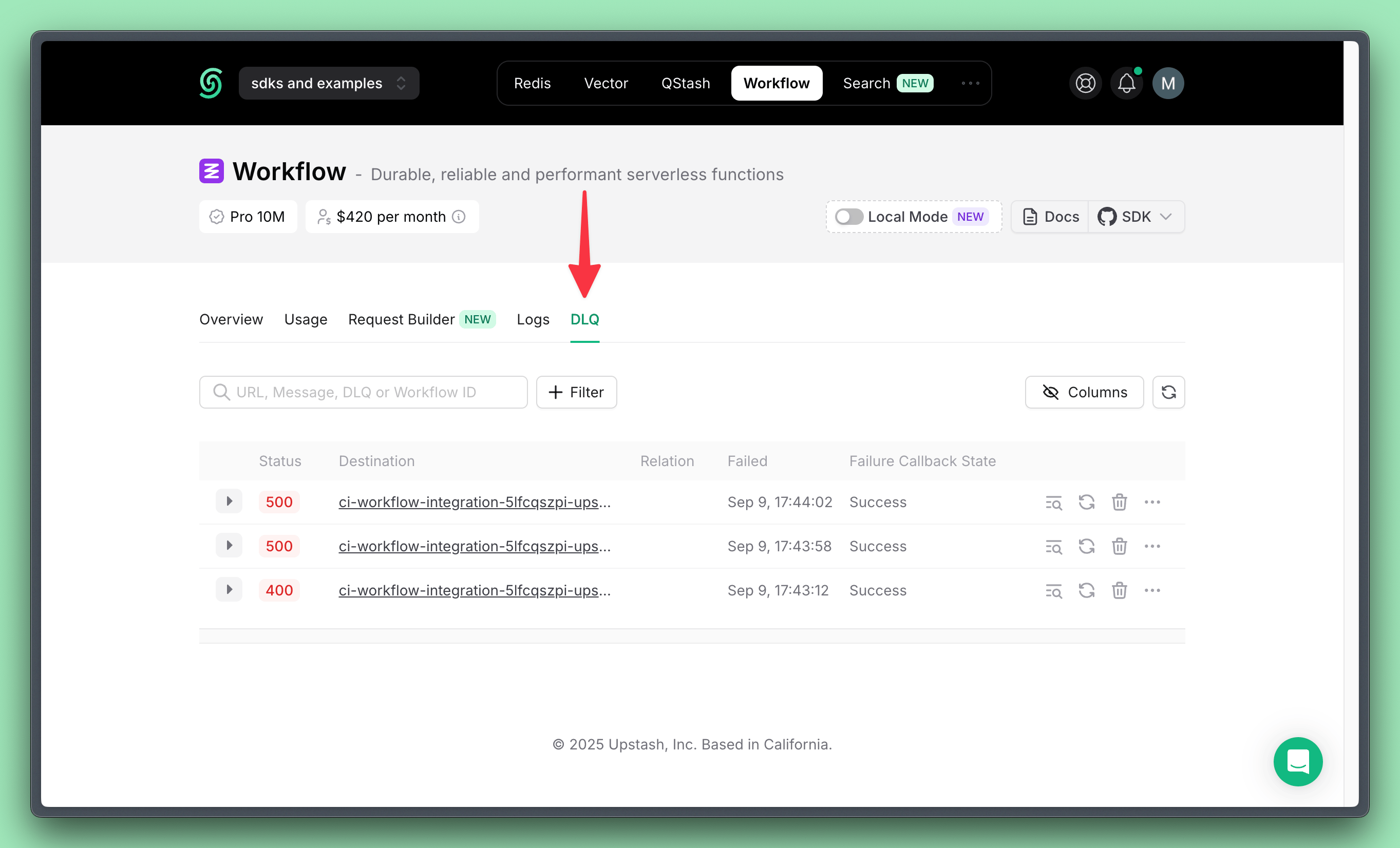 Failed workflow runs are automatically moved to the Dead Letter Queue