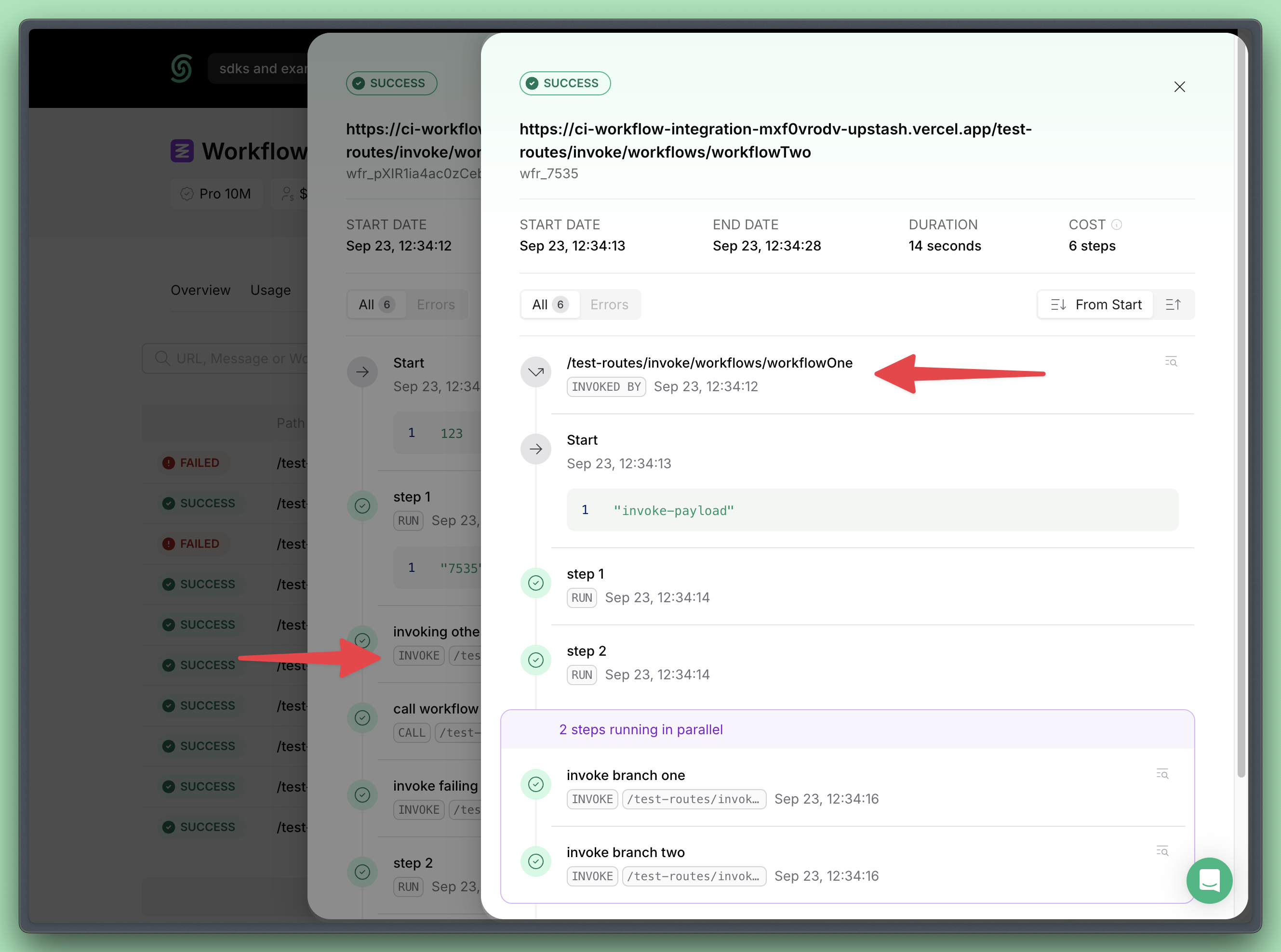 You can navigate between the invoker and invoked workflow runs on the dashboard
