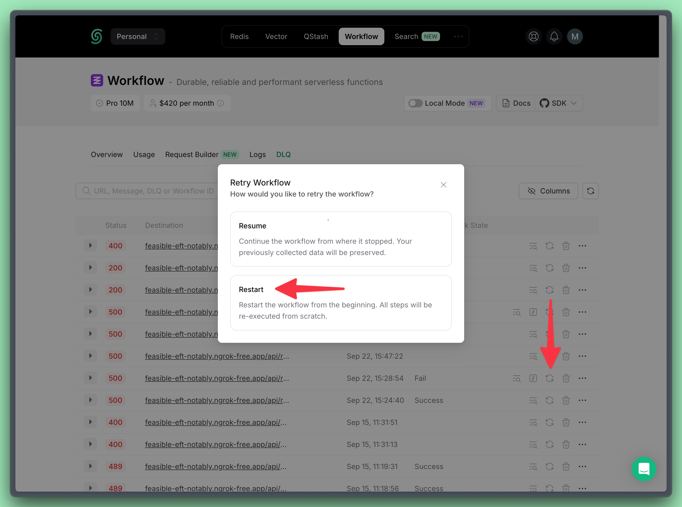 Restart a workflow run from the DLQ