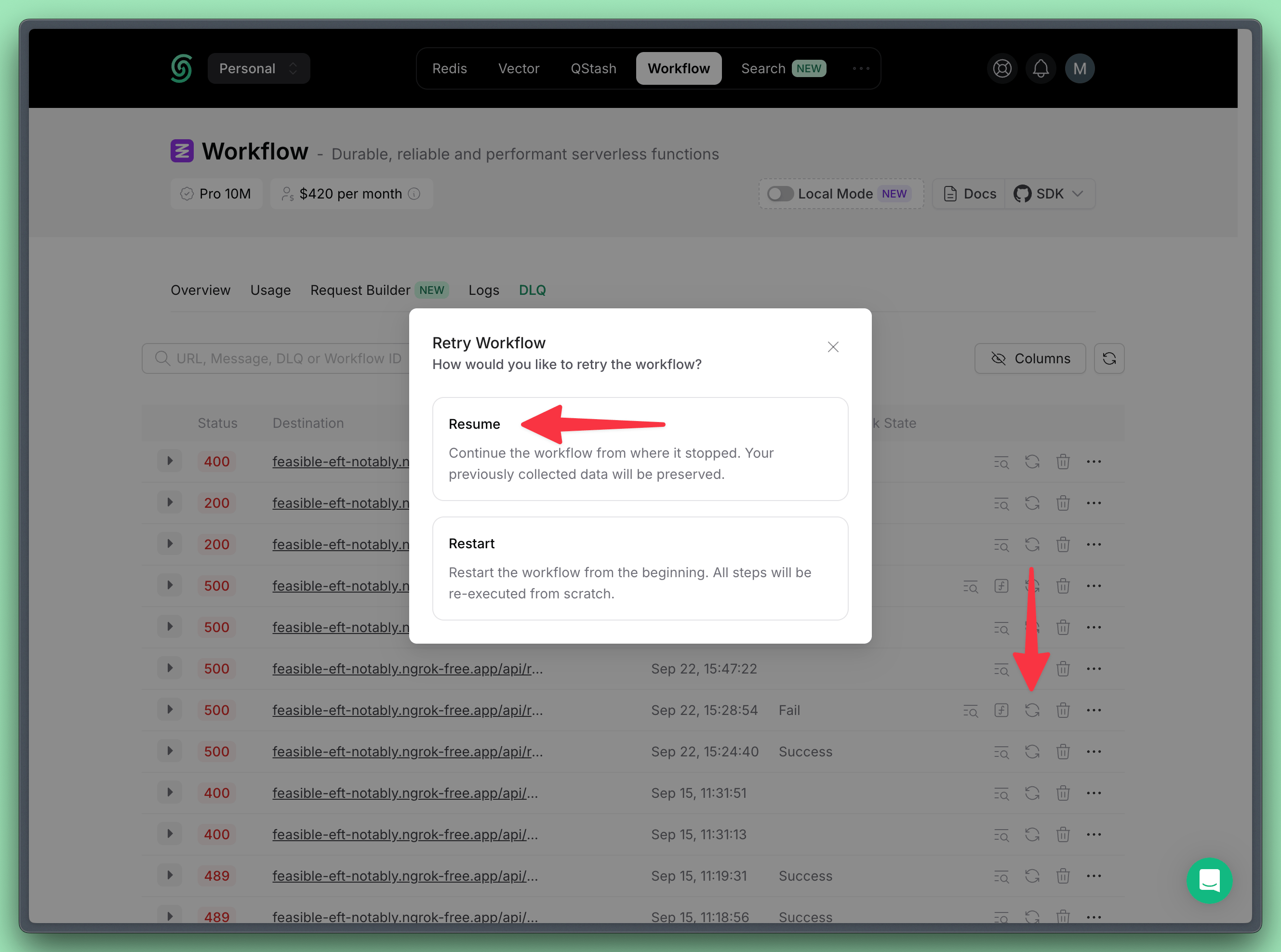 Resume a workflow run from the DLQ