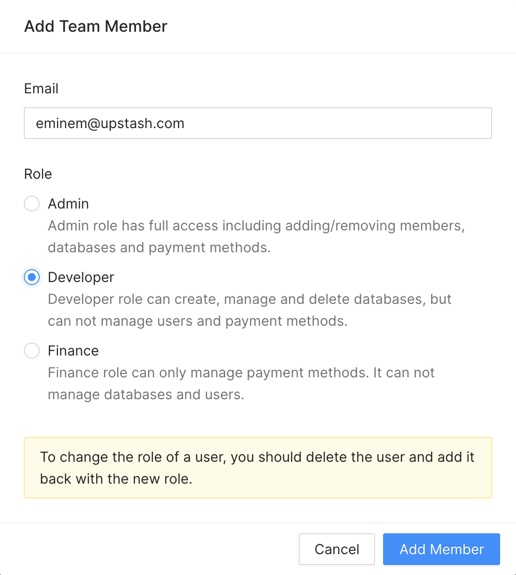 Invite team member form in the Upstash Console