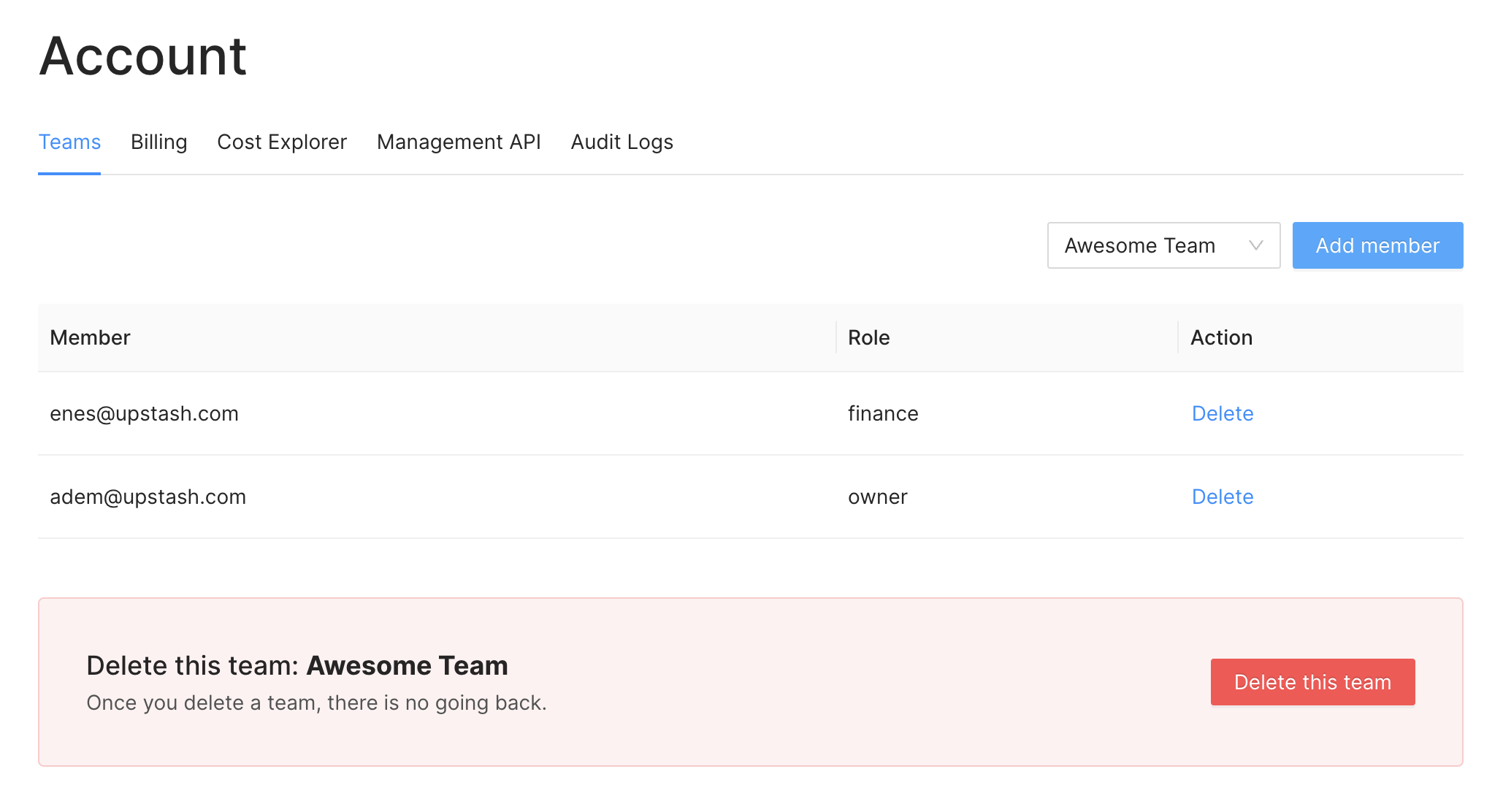 Team member list in the Upstash Console