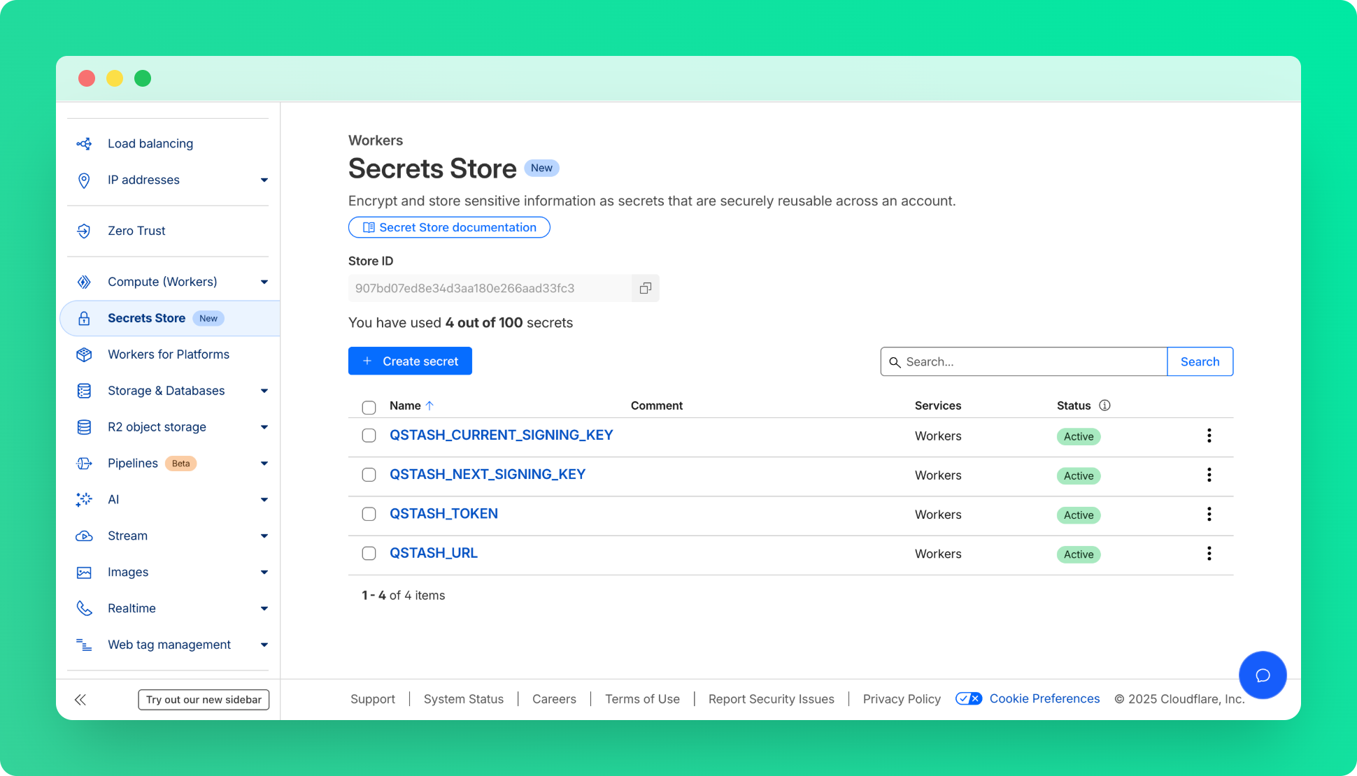Cloudflare Workers secrets store
