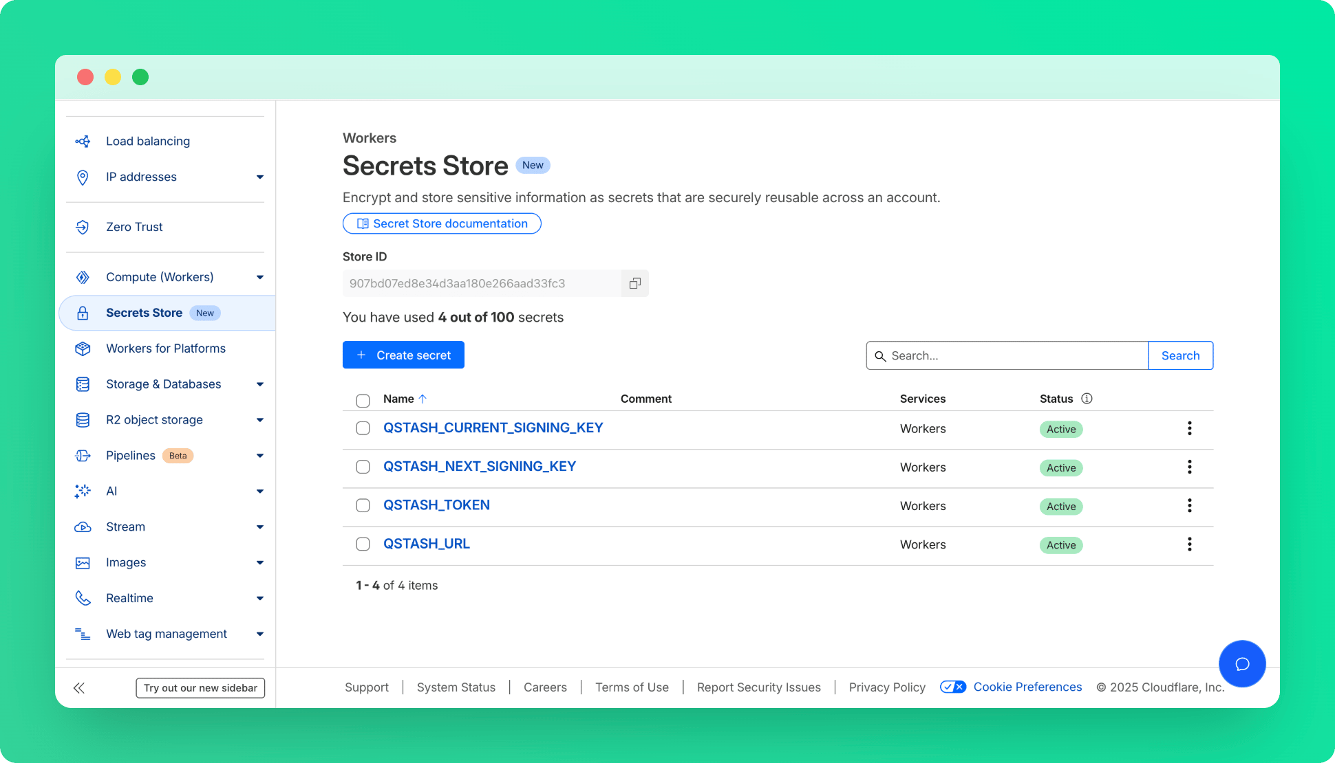 Cloudflare Workers secrets store