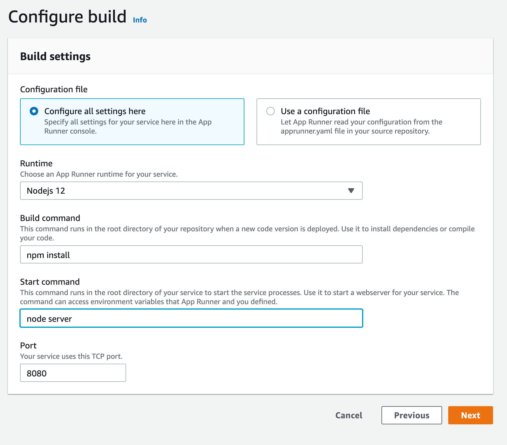 AWS App Runner build settings