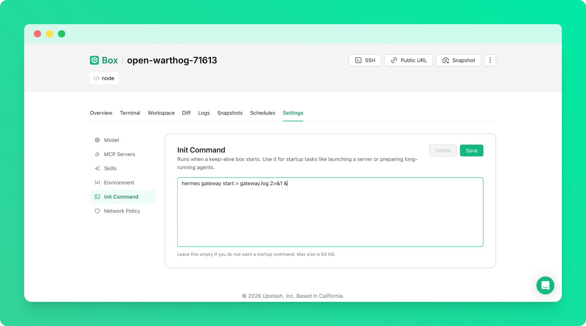 Hermes init script in the Upstash Console