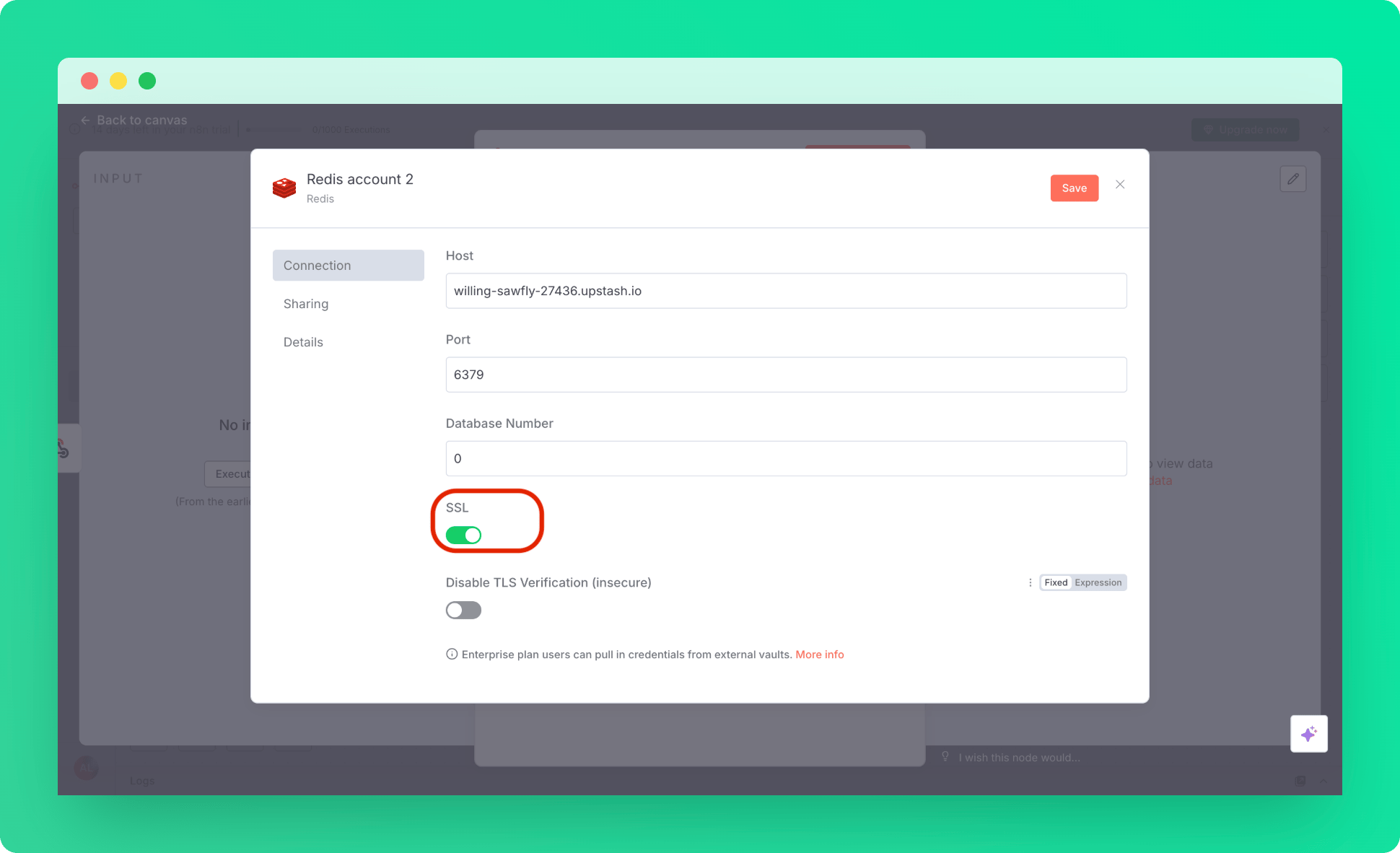 Configured Redis node in n8n