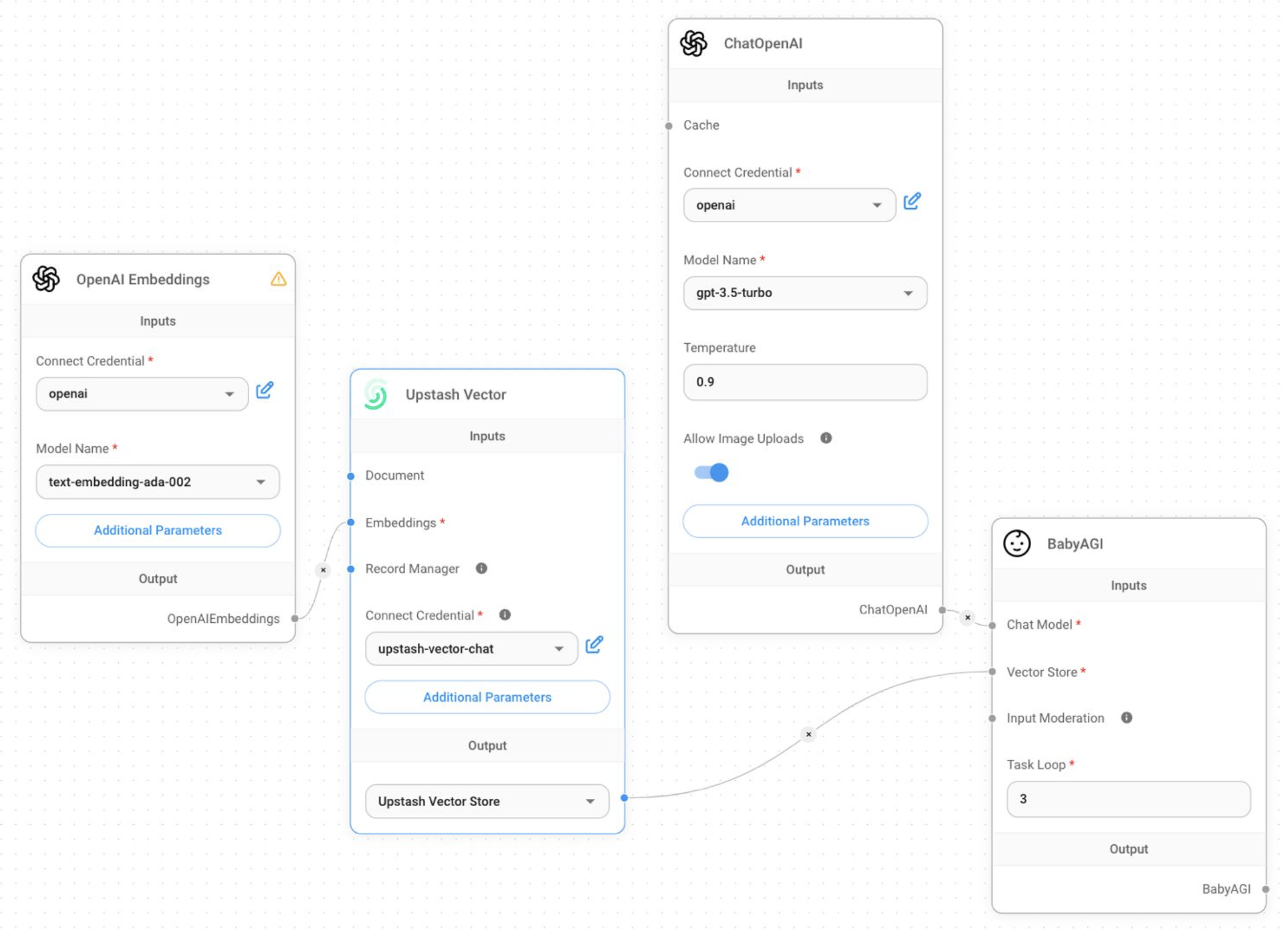 You can use a document loader to upload documents and connect it to the Upstash Vector node for indexing.