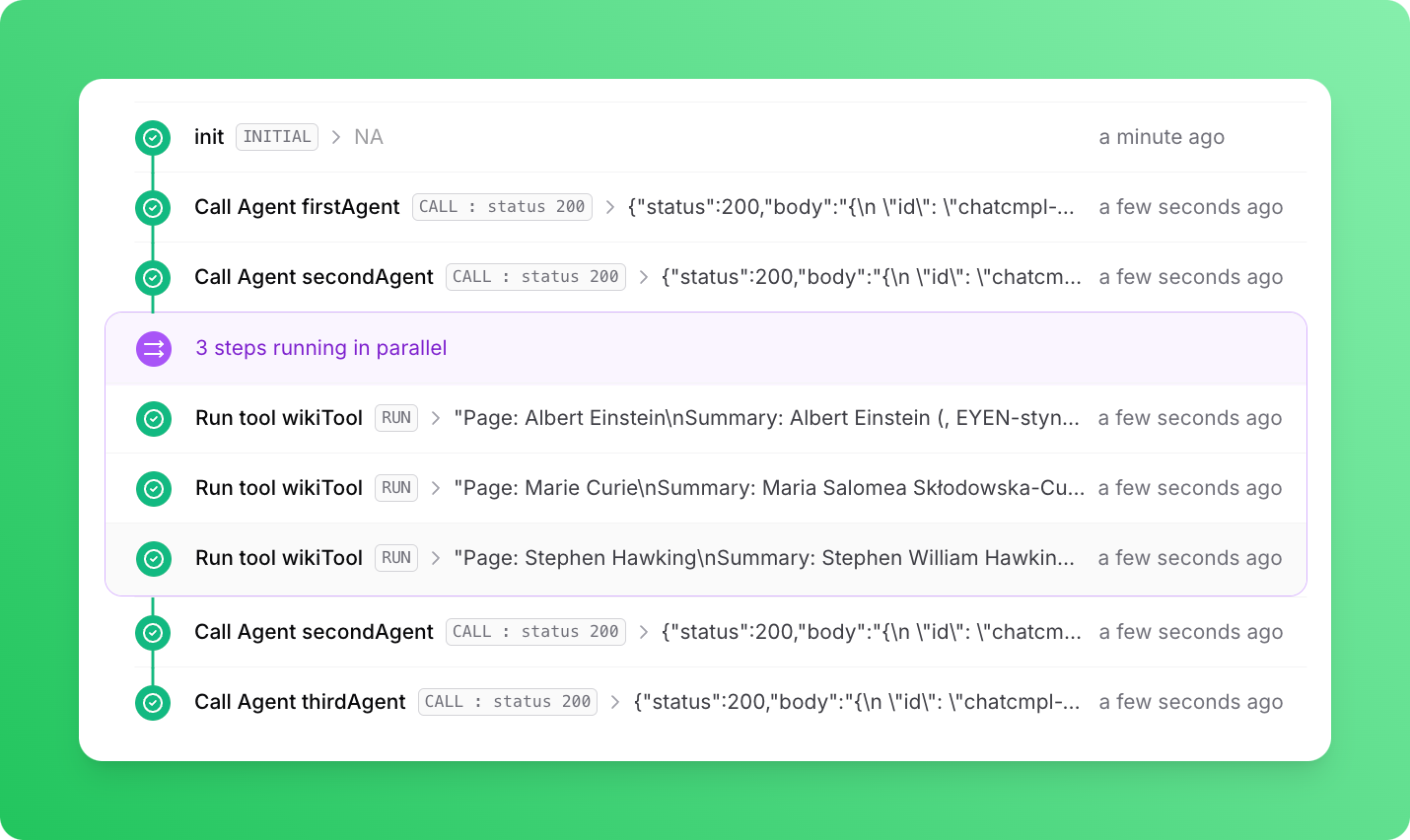 Prompt chaining workflow logs