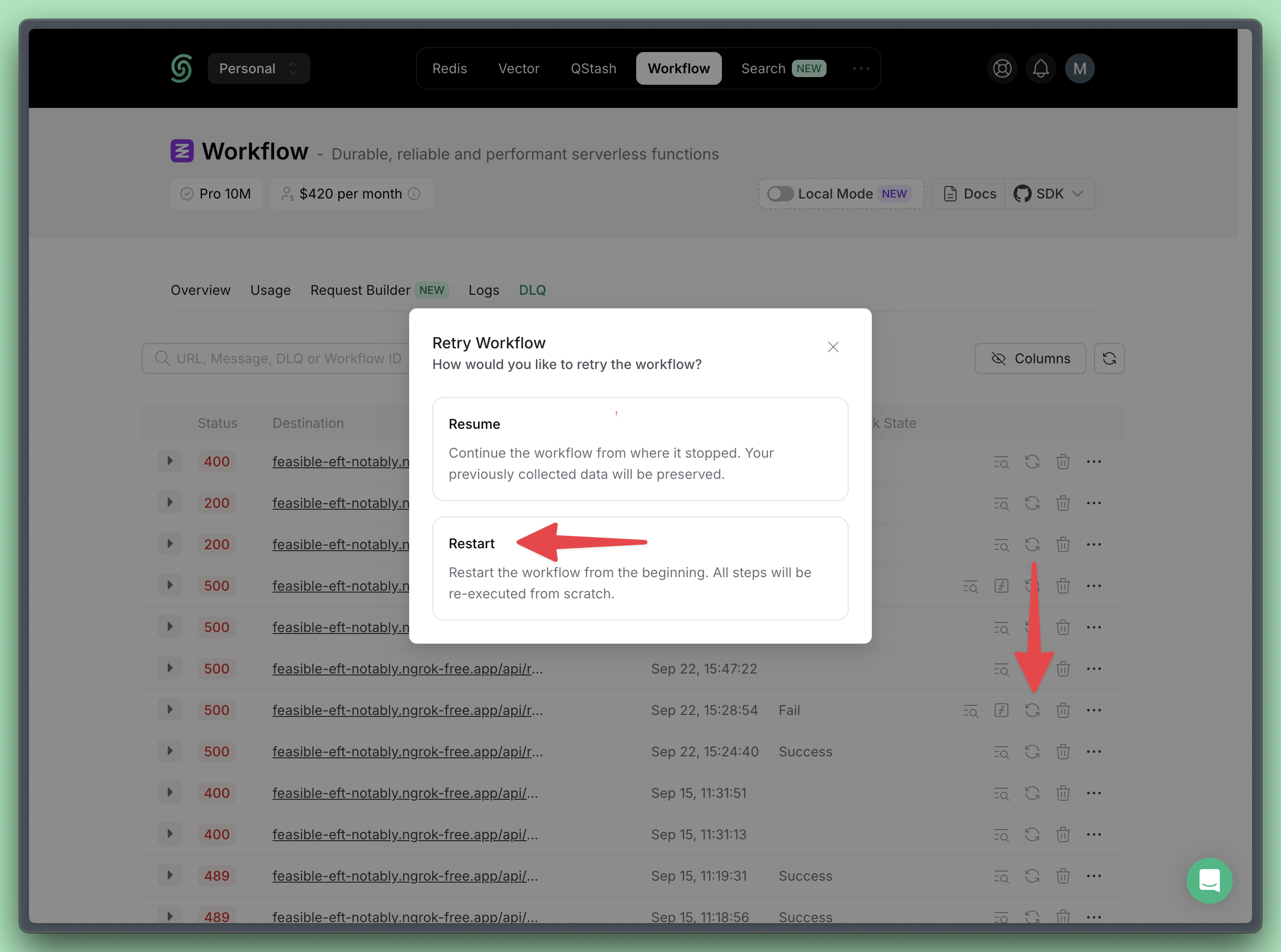 Restart a workflow run from the DLQ
