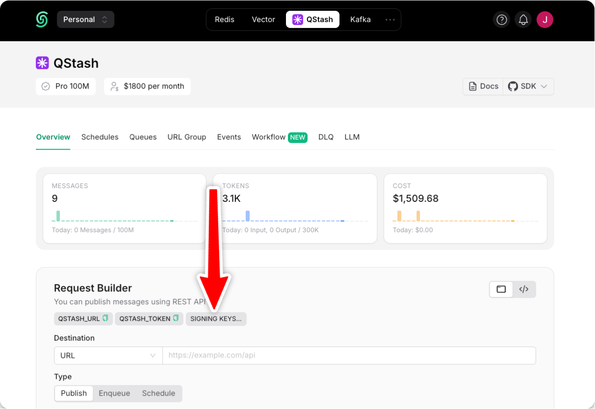 QStash signing keys in the Upstash Console