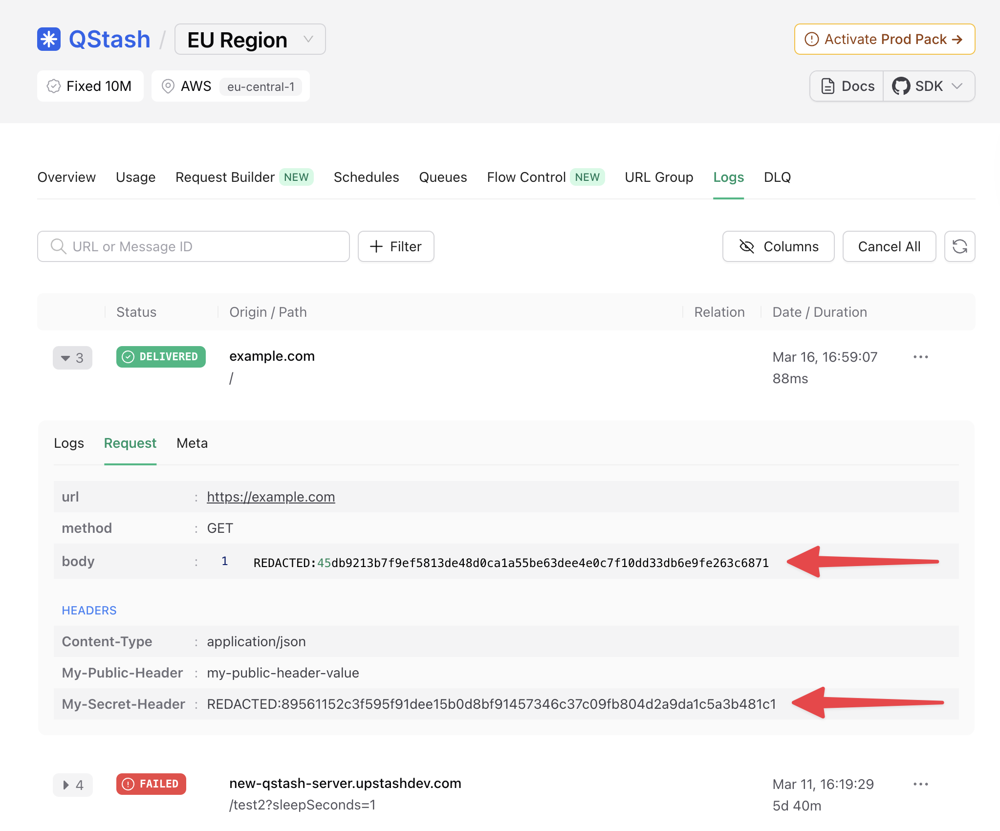Logs of a message with body and header[My-Secret-Header] redacted