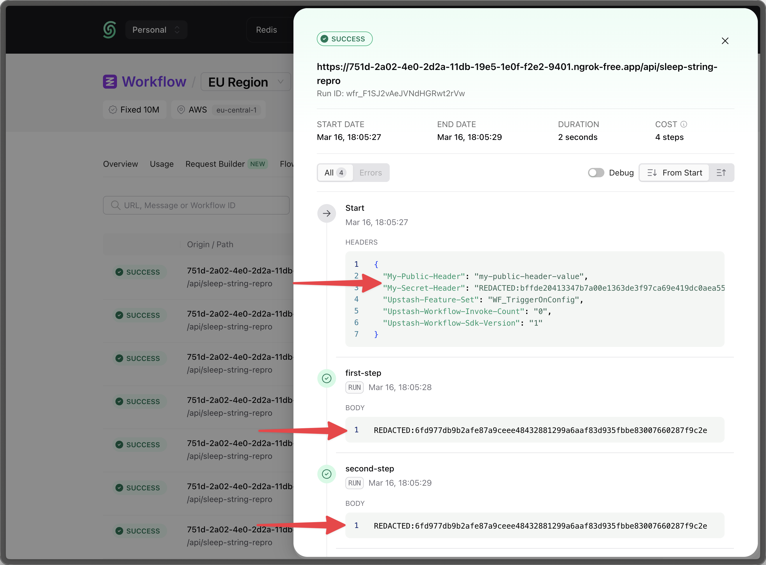 Redacted workflow fields in the Upstash Console
