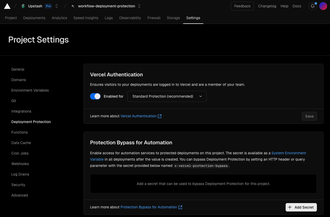 Vercel deployment protection settings