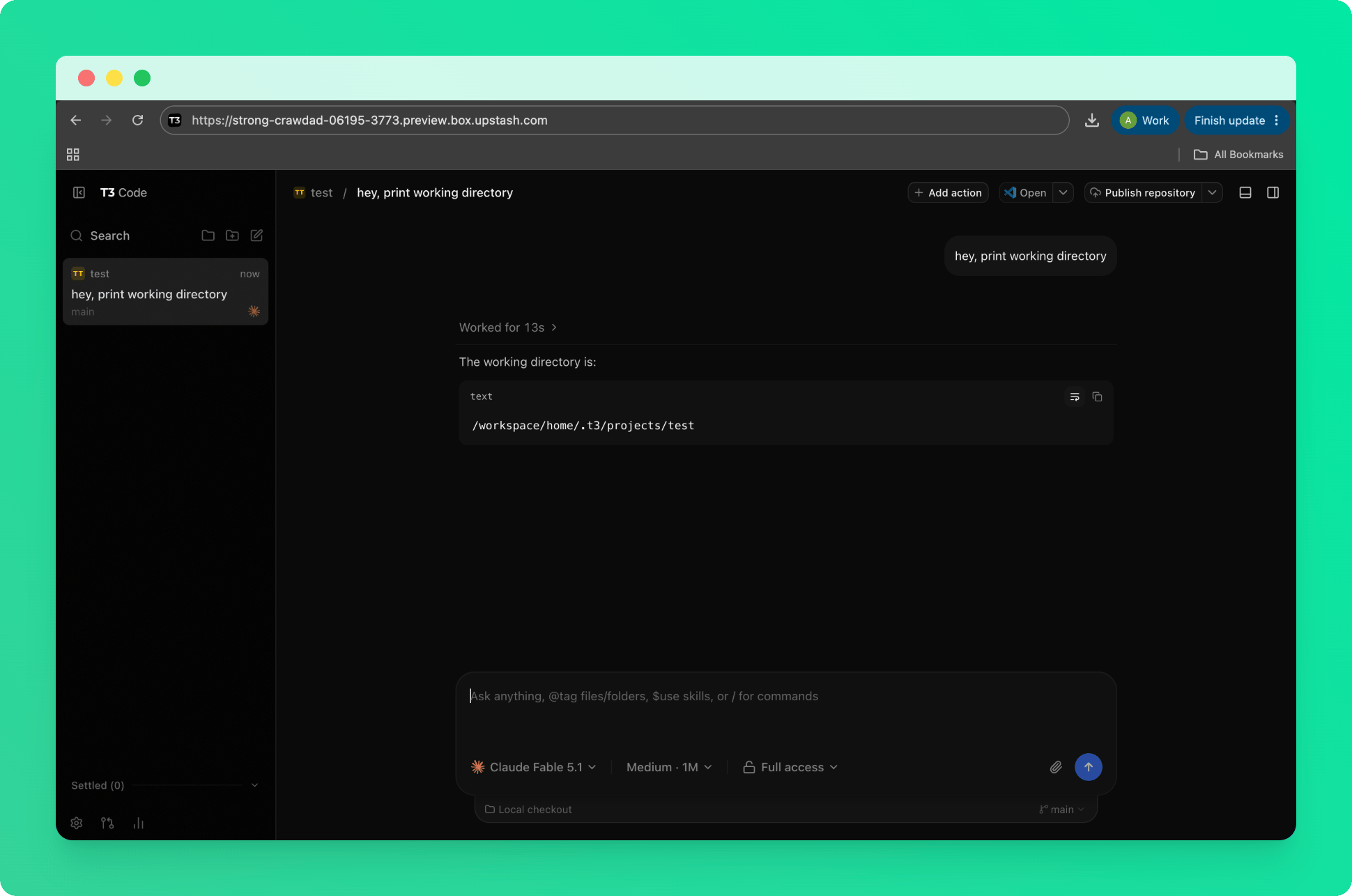 A thread running in T3 Code on an Upstash Box