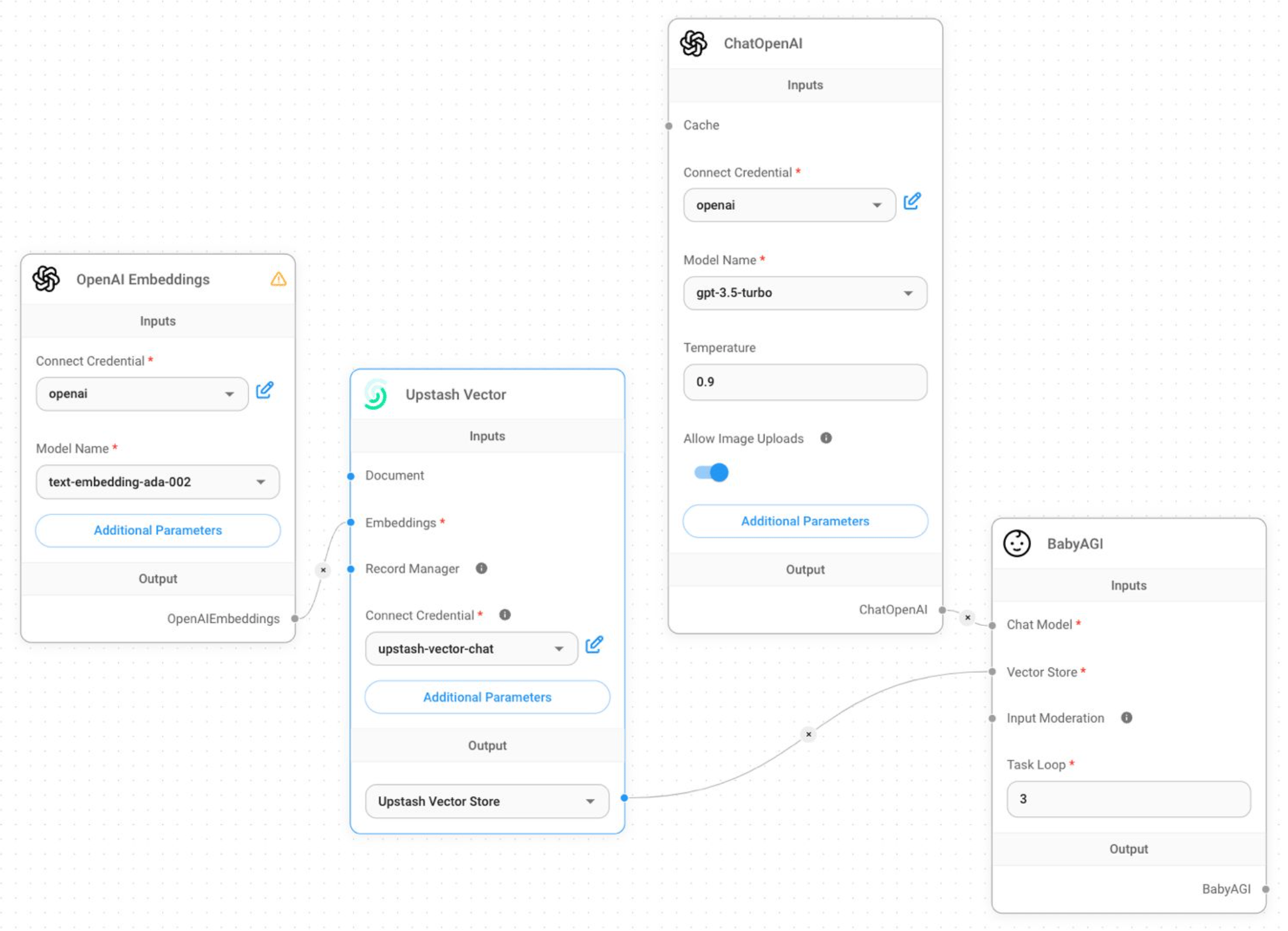 You can use a document loader to upload documents and connect it to the Upstash Vector node for indexing.