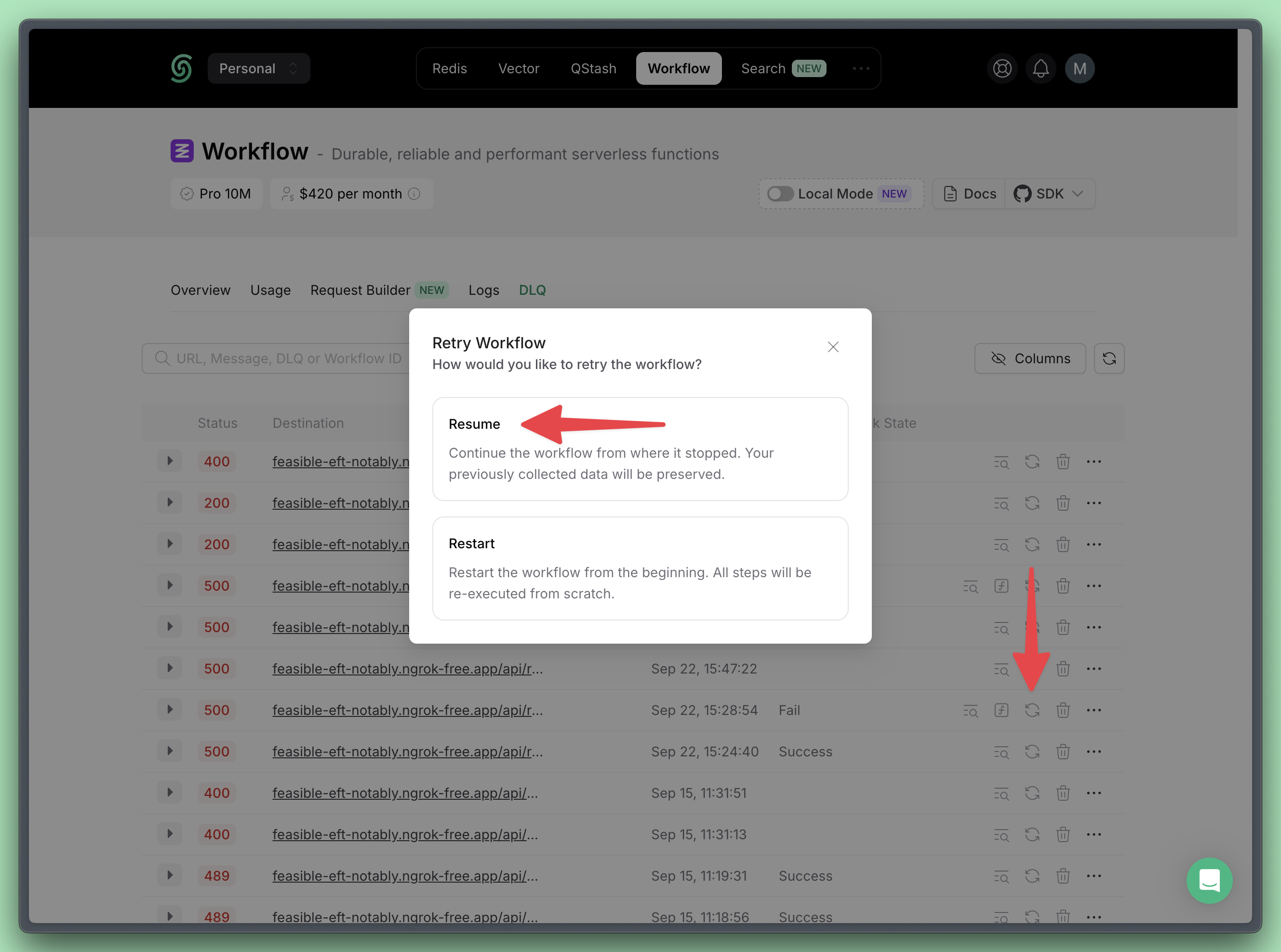 Resume a workflow run from the DLQ