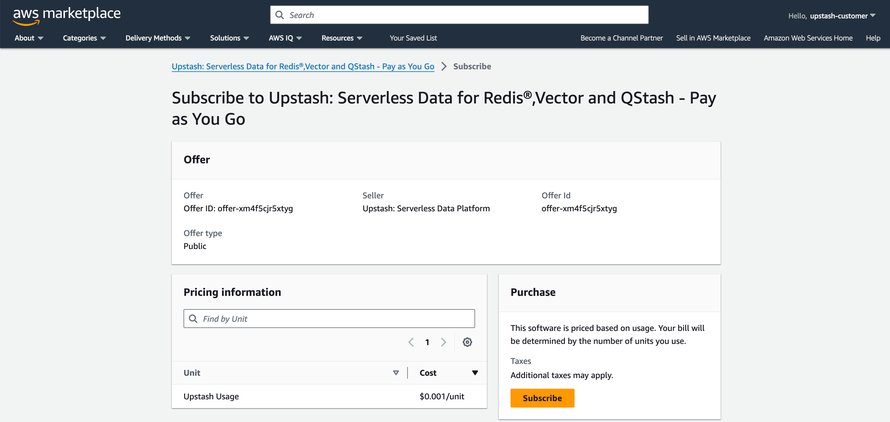 Upstash product page in AWS Marketplace