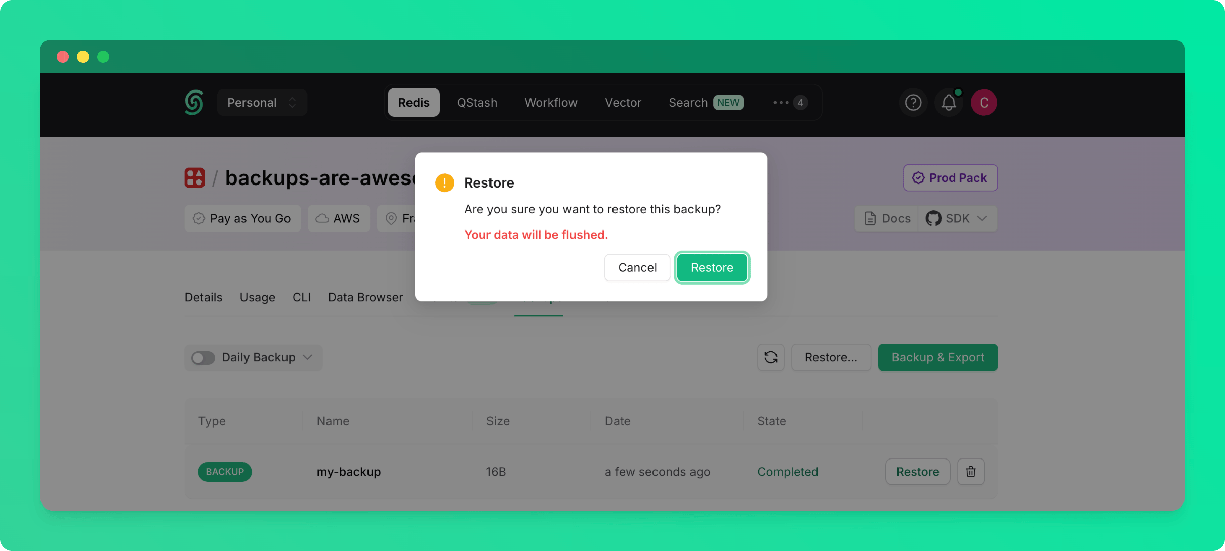 Select a Redis backup to restore