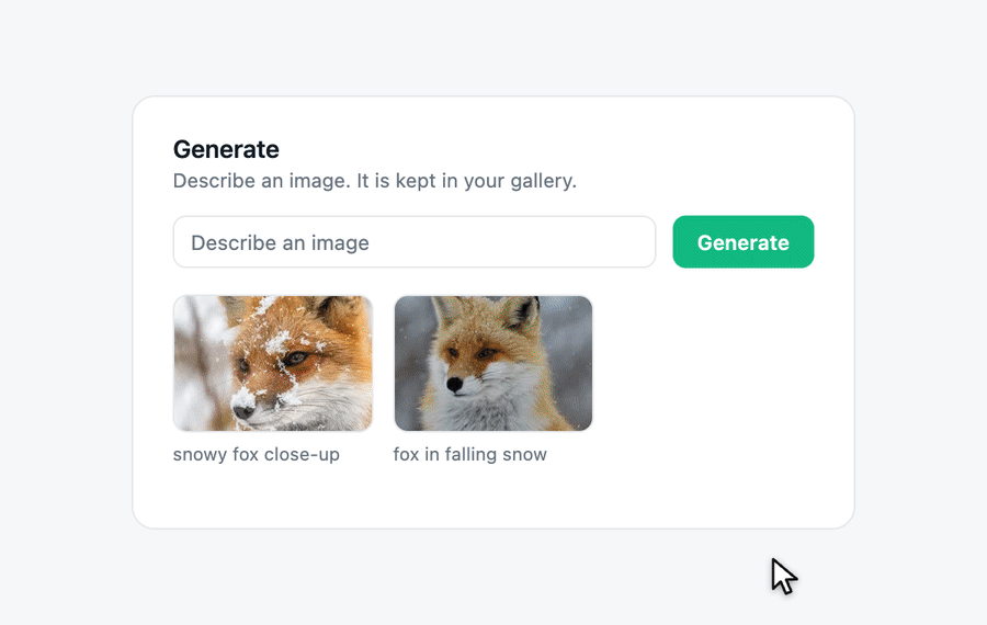 Type a prompt, click Generate, watch the fox image land in the gallery with its prompt, then delete it