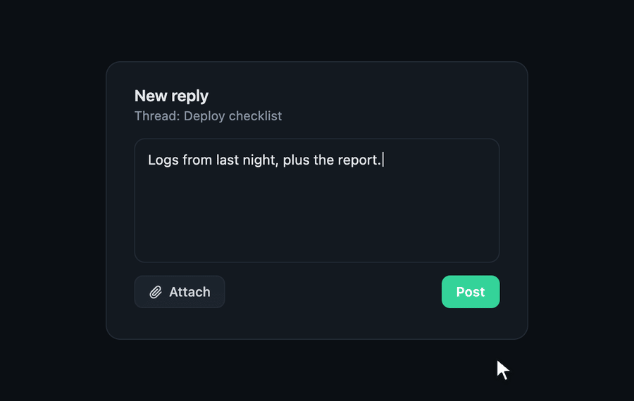 Click Attach, pick two files, watch each row upload, post the reply with both attached, then remove one