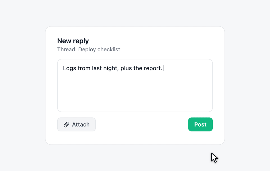 Click Attach, pick two files, watch each row upload, post the reply with both attached, then remove one