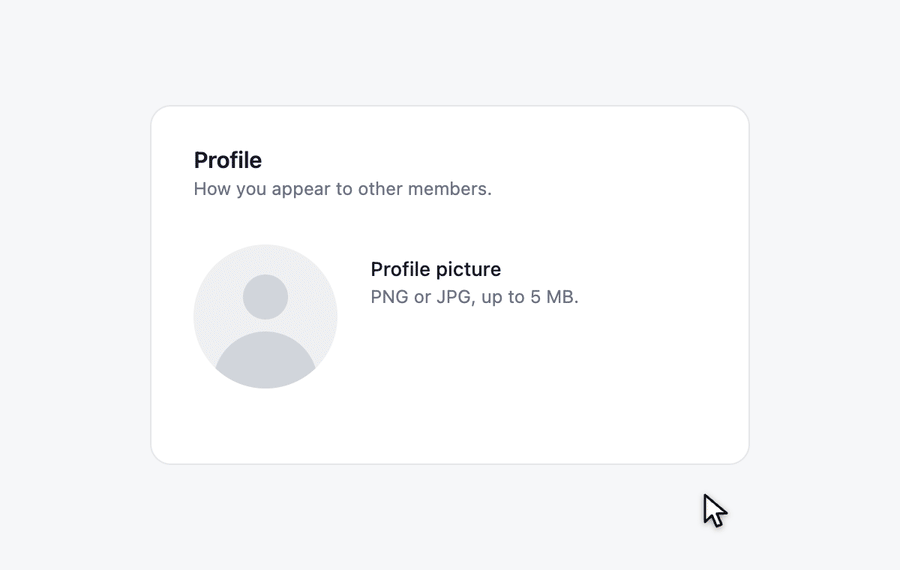 Click the avatar, pick a photo, watch it upload, then remove it