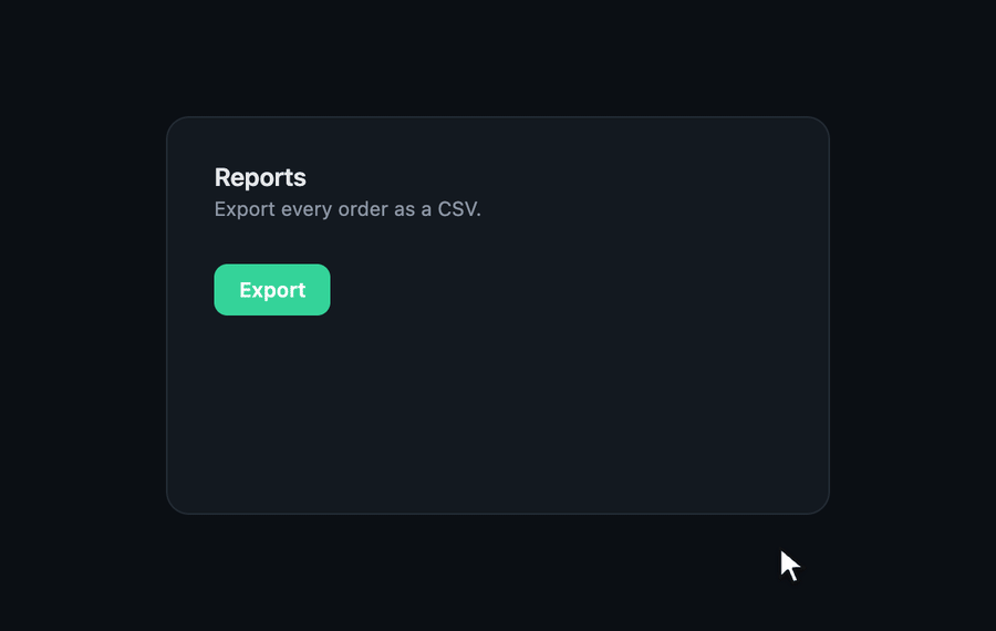 Click Export, wait while the job builds the file, click Download CSV, then see the link expire a day later