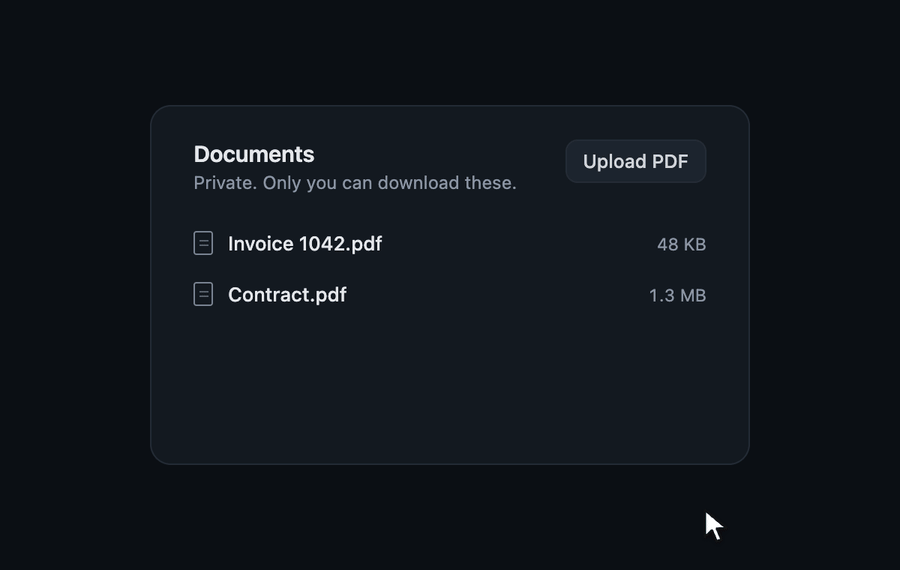 Click Upload PDF, watch the progress bar, then open an invoice through an ownership check that hands out a signed link expiring in two minutes