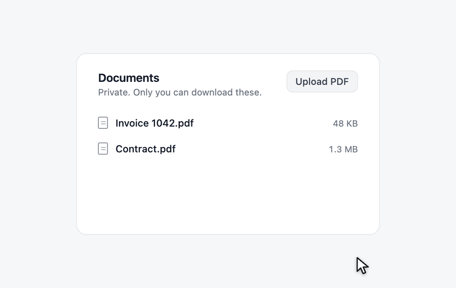 Click Upload PDF, watch the progress bar, then open an invoice through an ownership check that hands out a signed link expiring in two minutes