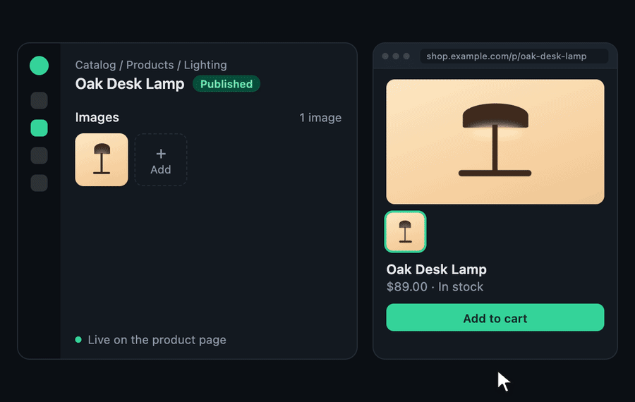 Add three images in the admin panel, watch them upload in parallel and appear on the product page as each finishes, then remove one from both