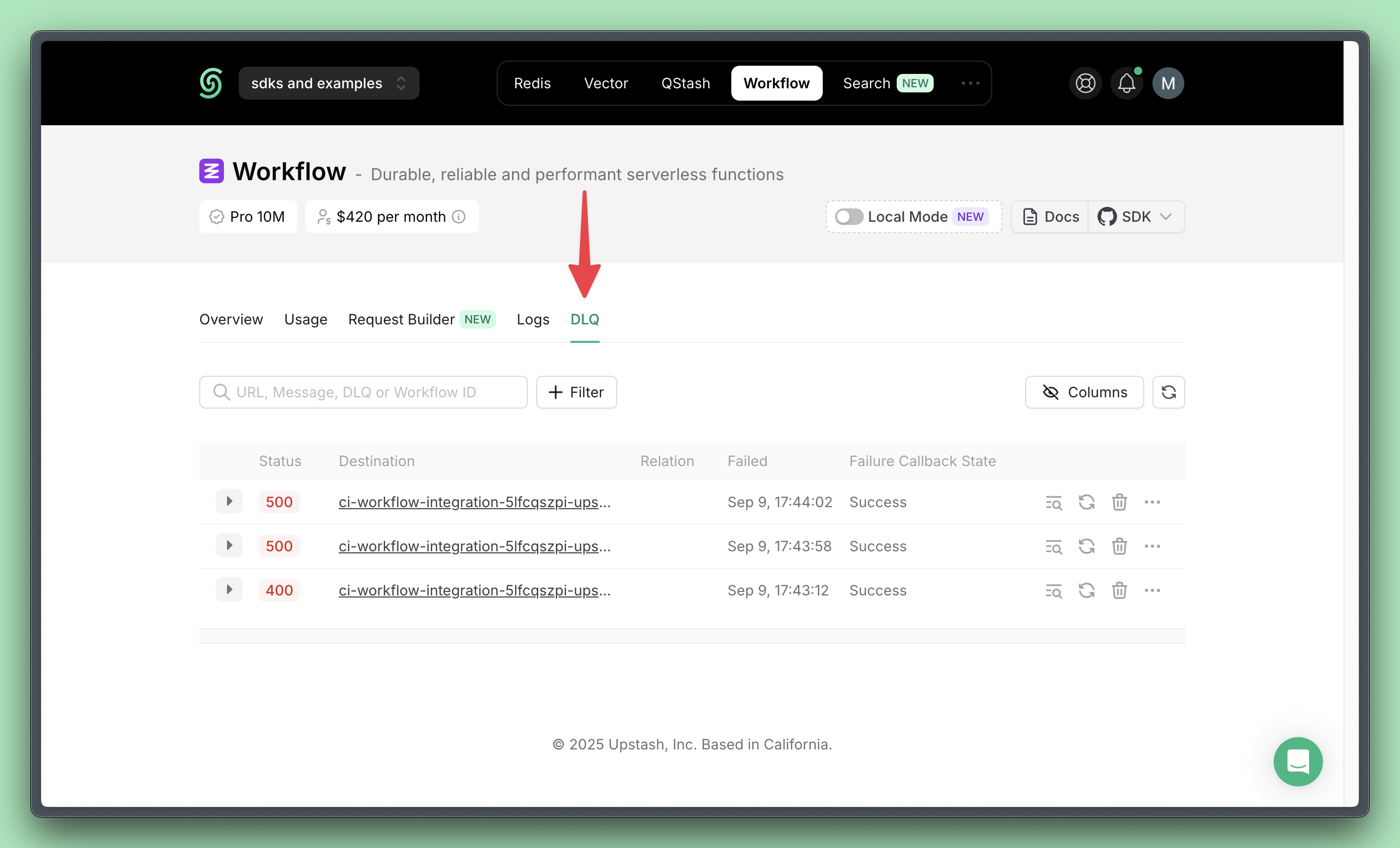 Failed workflow runs are automatically moved to the Dead Letter Queue