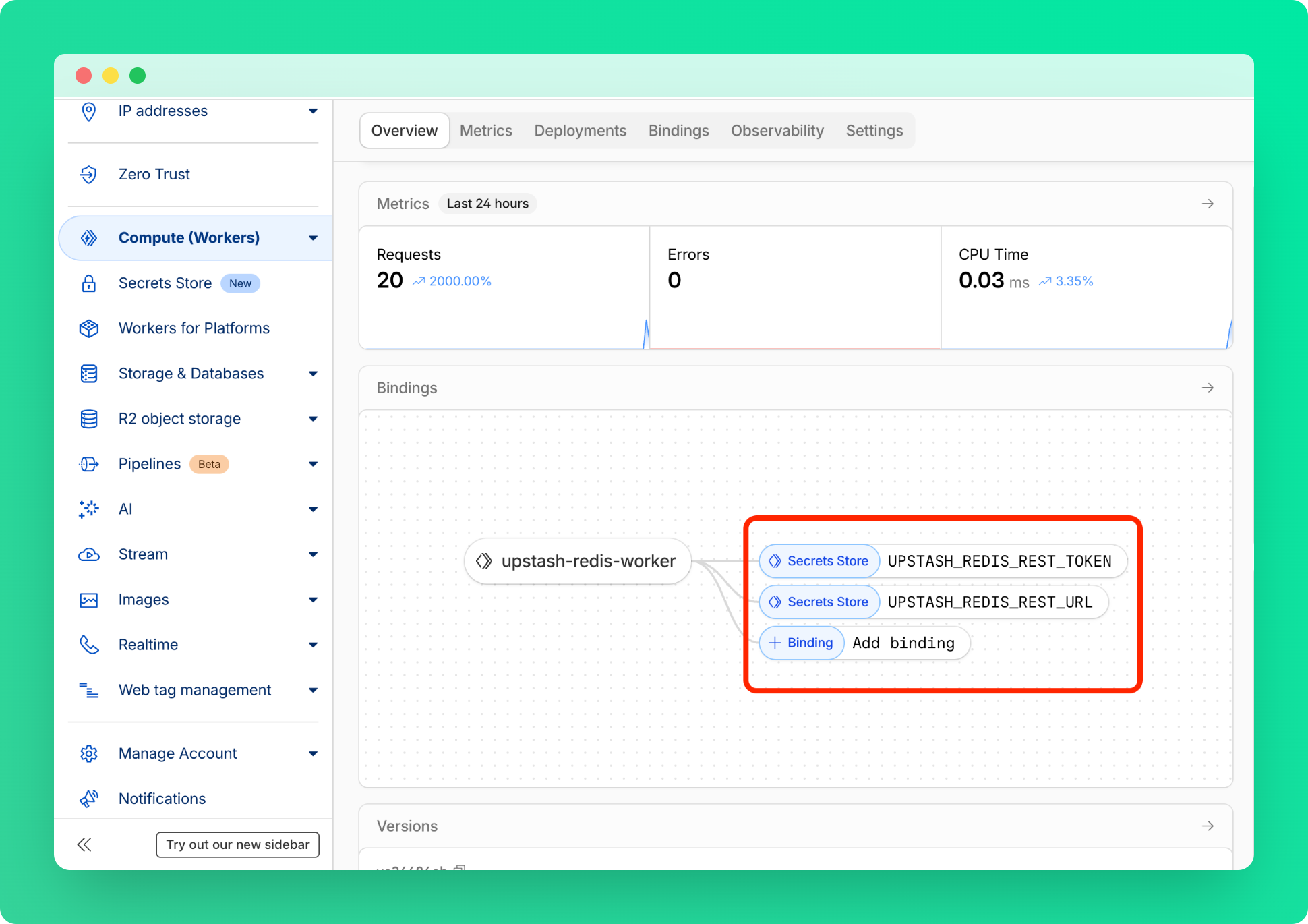 Add a Redis binding to a Cloudflare Worker