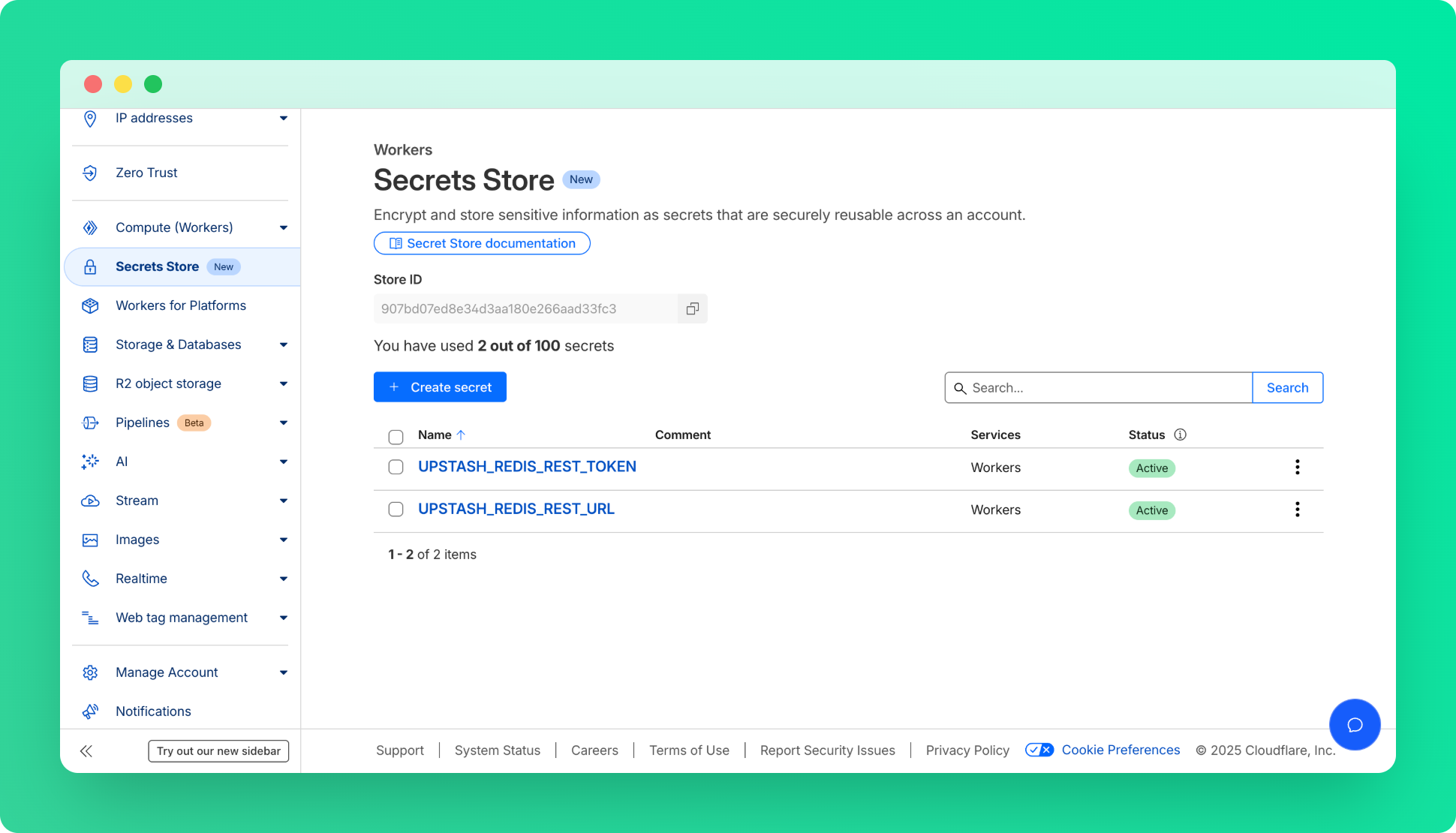 Cloudflare Workers secrets store for Redis