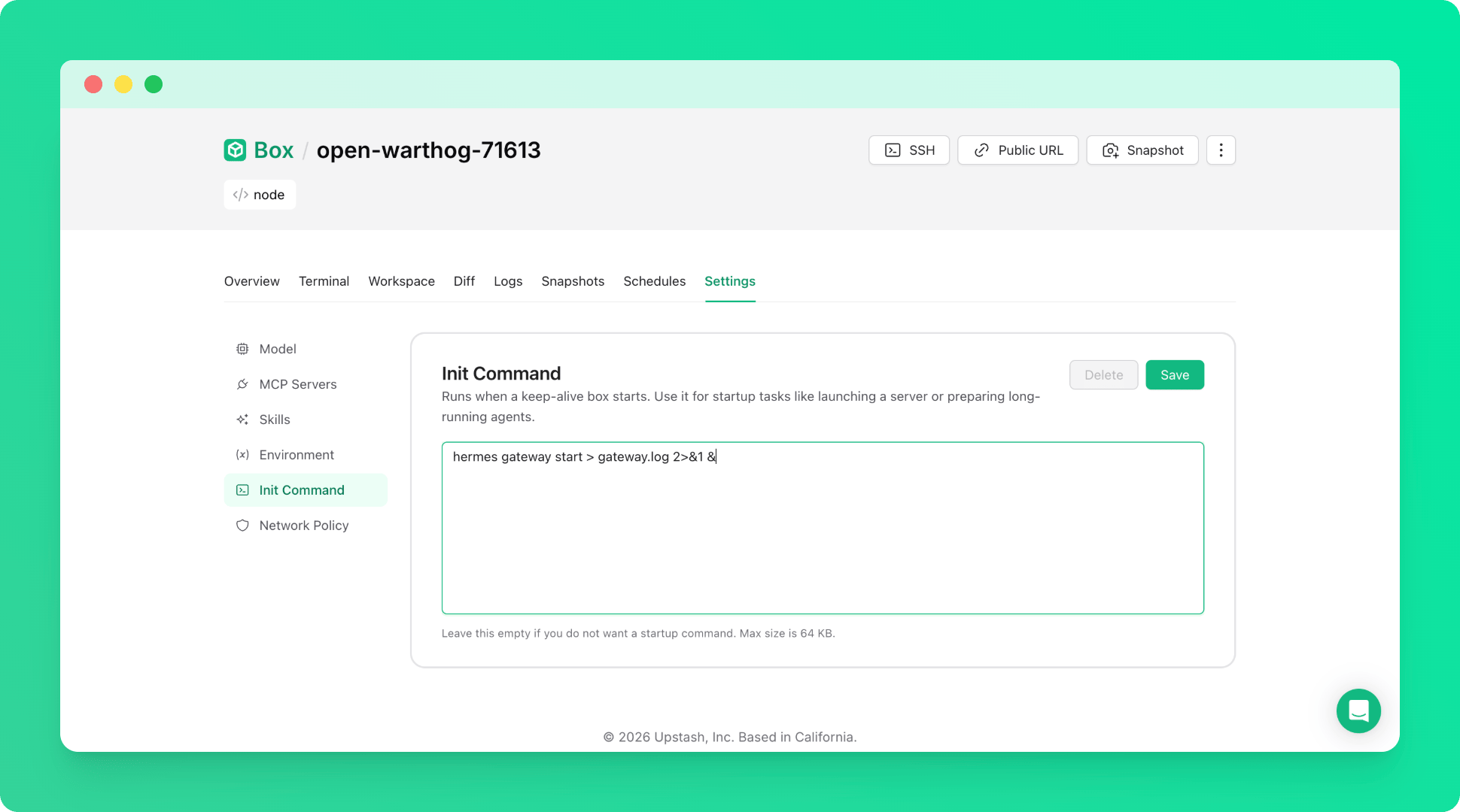 Hermes init script in the Upstash Console