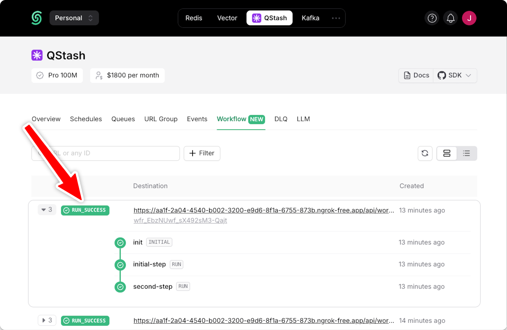 Workflow run in the Upstash Console