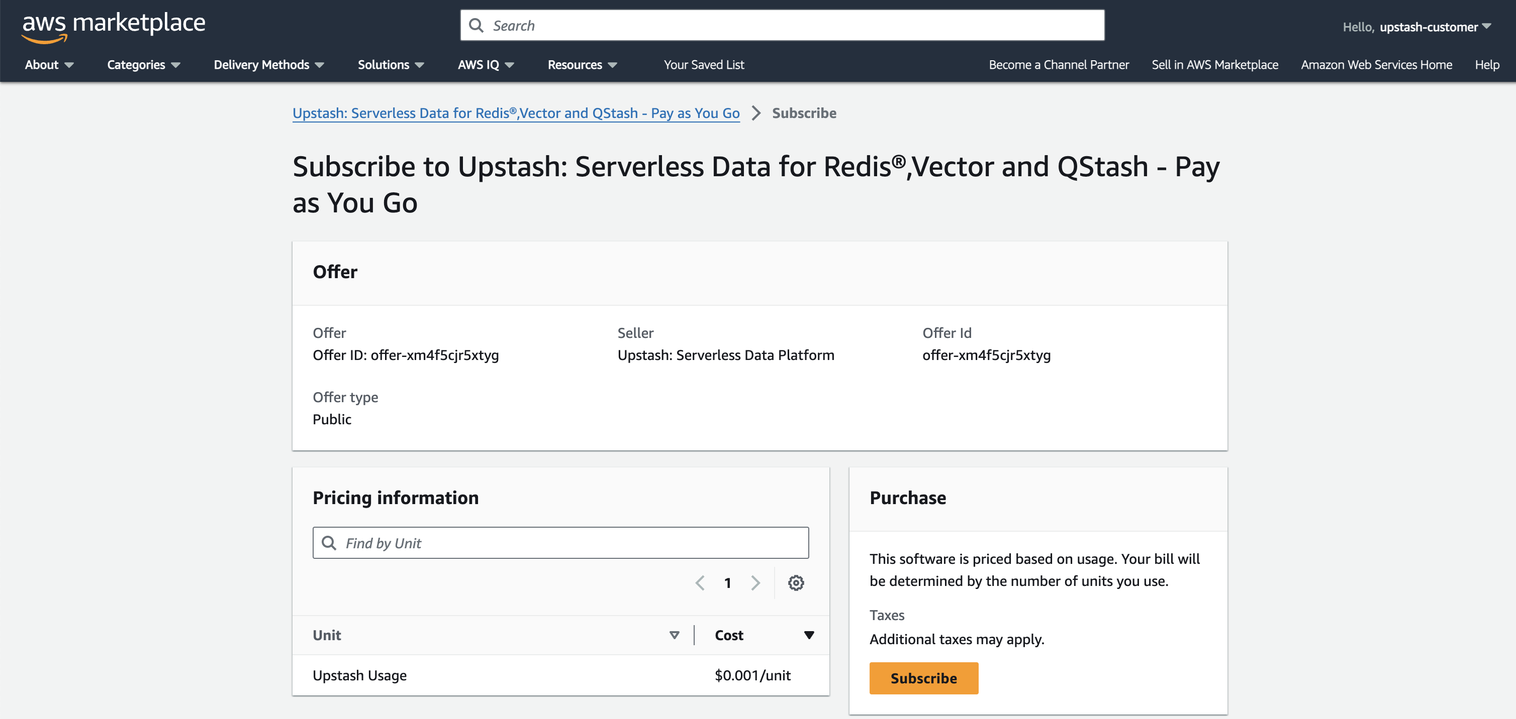 Upstash product page in AWS Marketplace