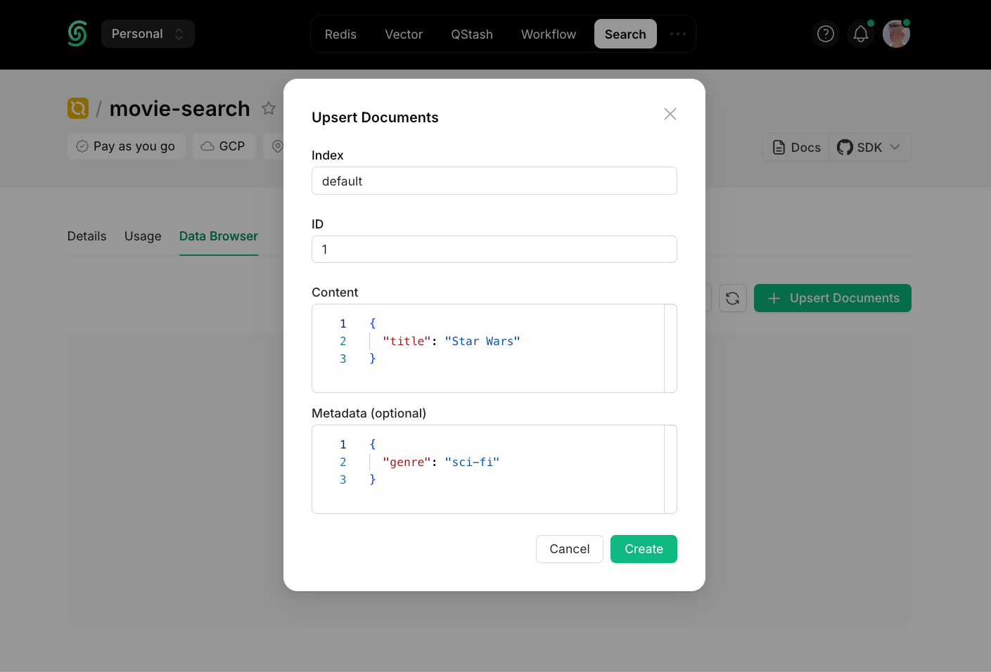 Add a document to a Search database