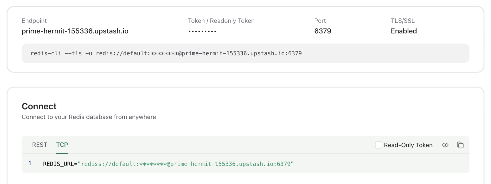 effect-mq with Upstash Redis: Console TCP URL