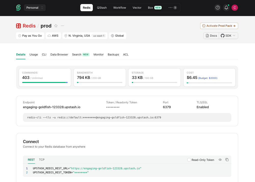 Redis database details in the Upstash Console