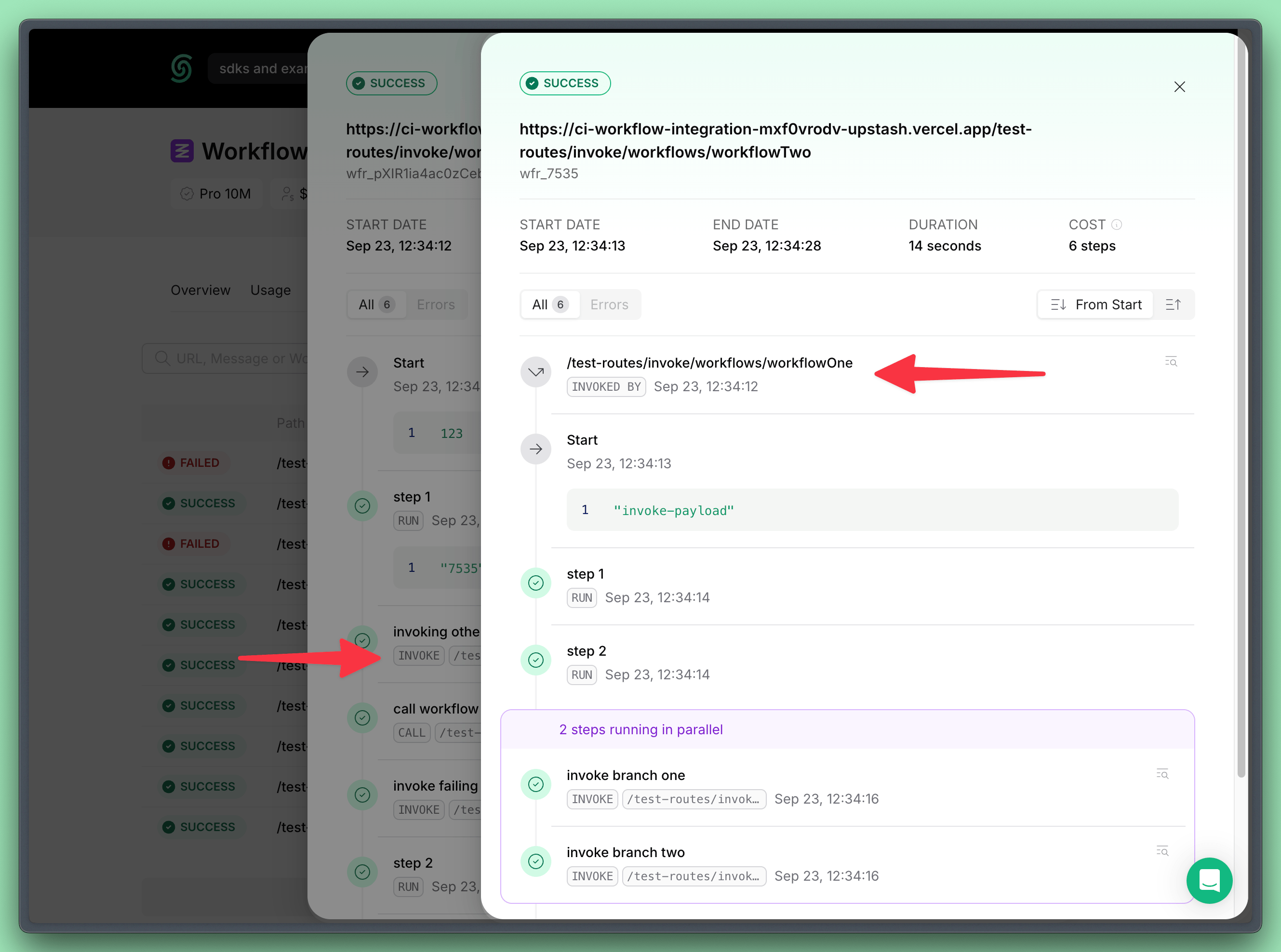 You can navigate between the invoker and invoked workflow runs on the dashboard