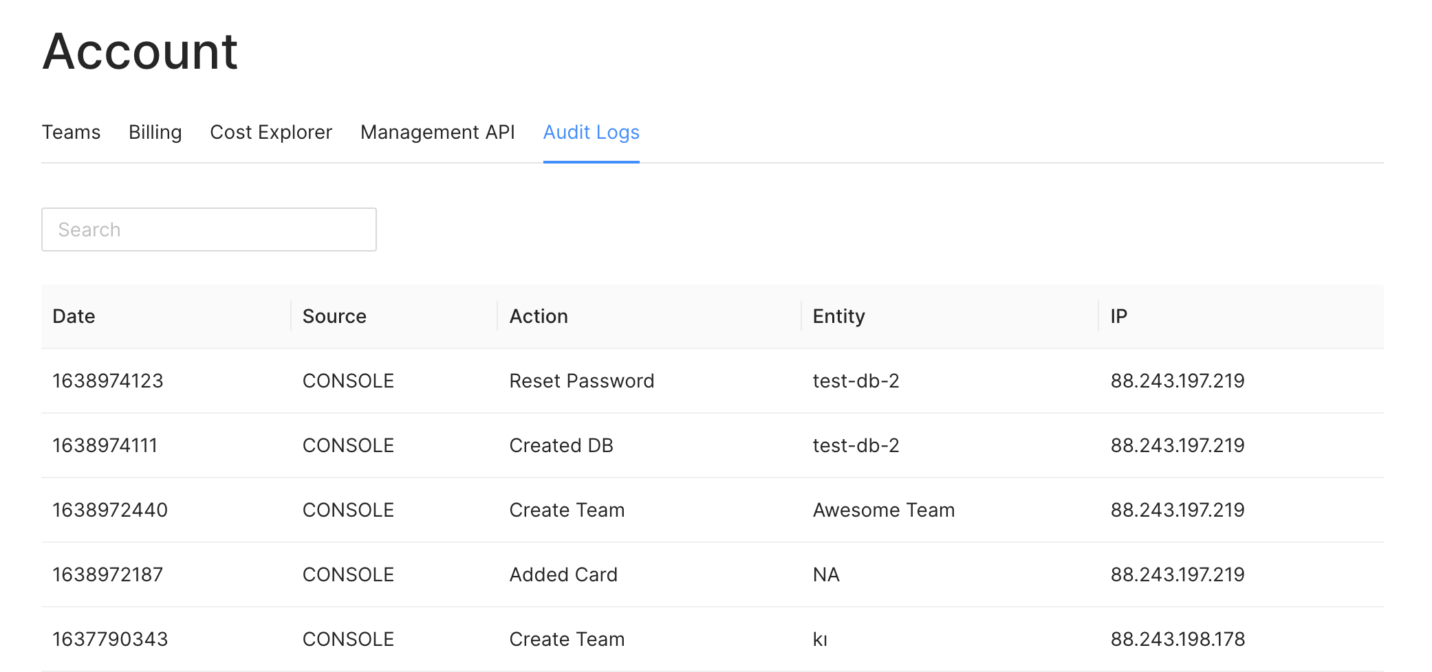 Audit log entries in the Upstash Console
