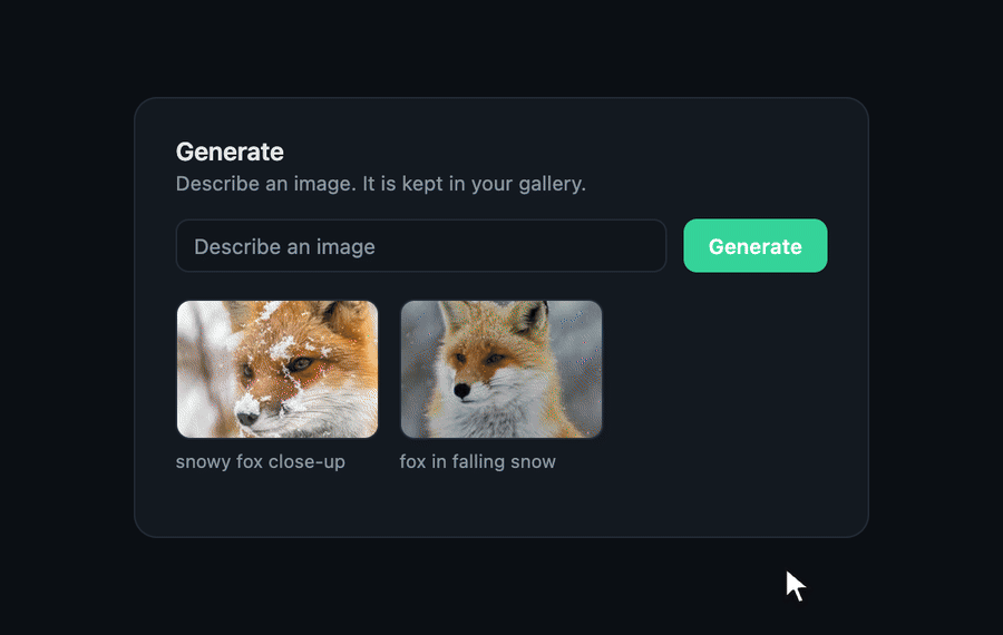 Type a prompt, click Generate, watch the fox image land in the gallery with its prompt, then delete it
